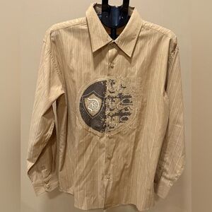 Franky Max XL Tan Button Front Shirt • Crest Graphic Western Long Sleeve